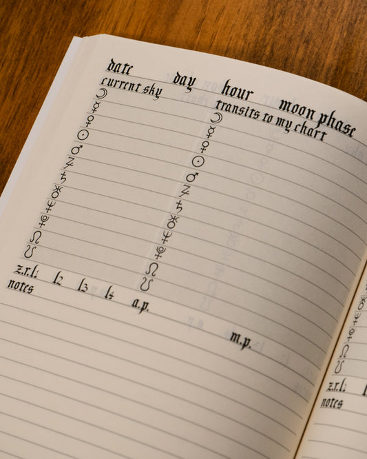 Open notebook with astrological charting entries on a wooden surface