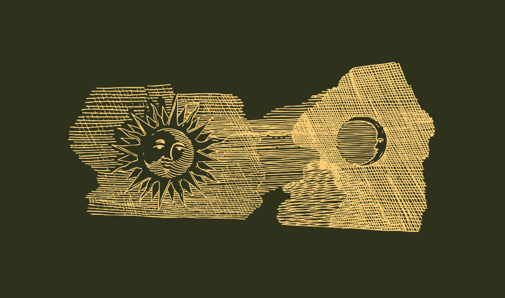 Etching style drawing of the Sun and Moon in gold ink on a green background