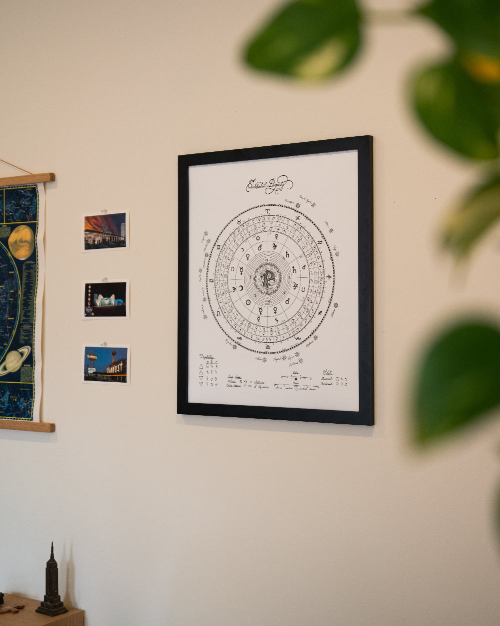 Framed astrology diagram on a wall with decorative items.