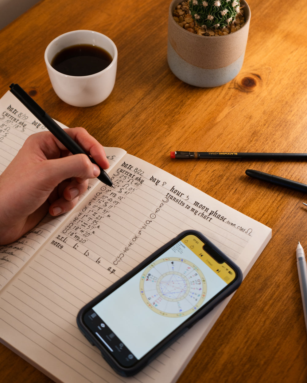 Person using a smartphone with an astrology app on a notebook and cup of coffee on a wooden table