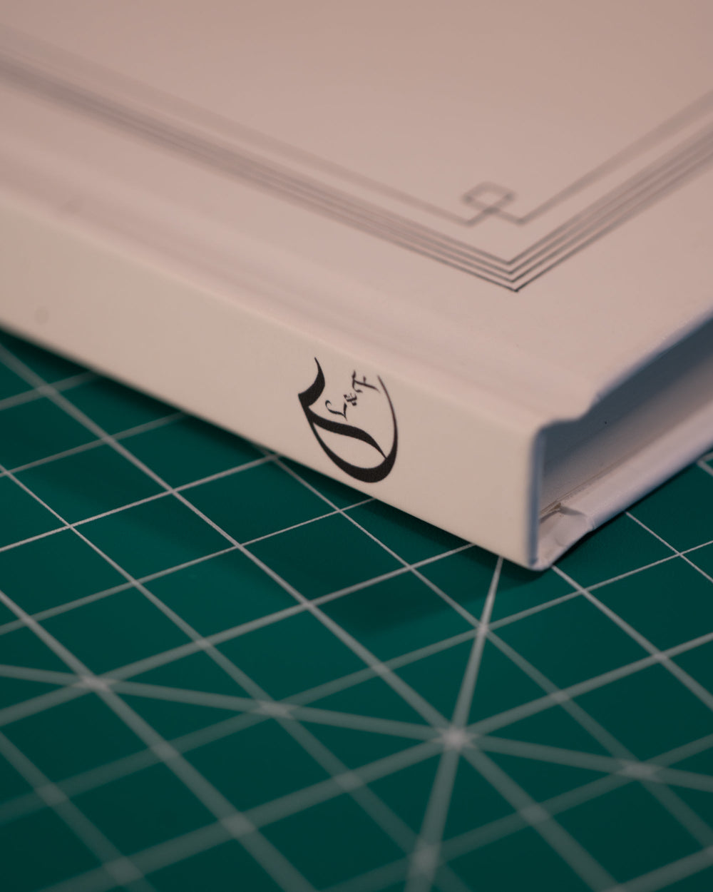 White book with a logo on a green grid background